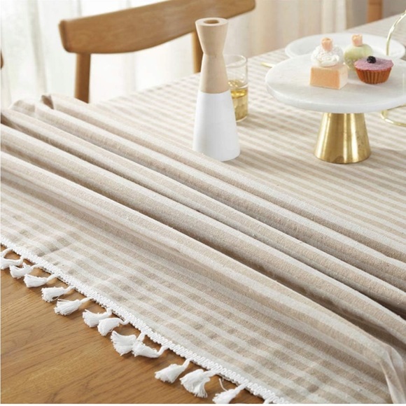 Linen Cotton Soft Taupe Striped Table Cloth - Picture 3 of 3